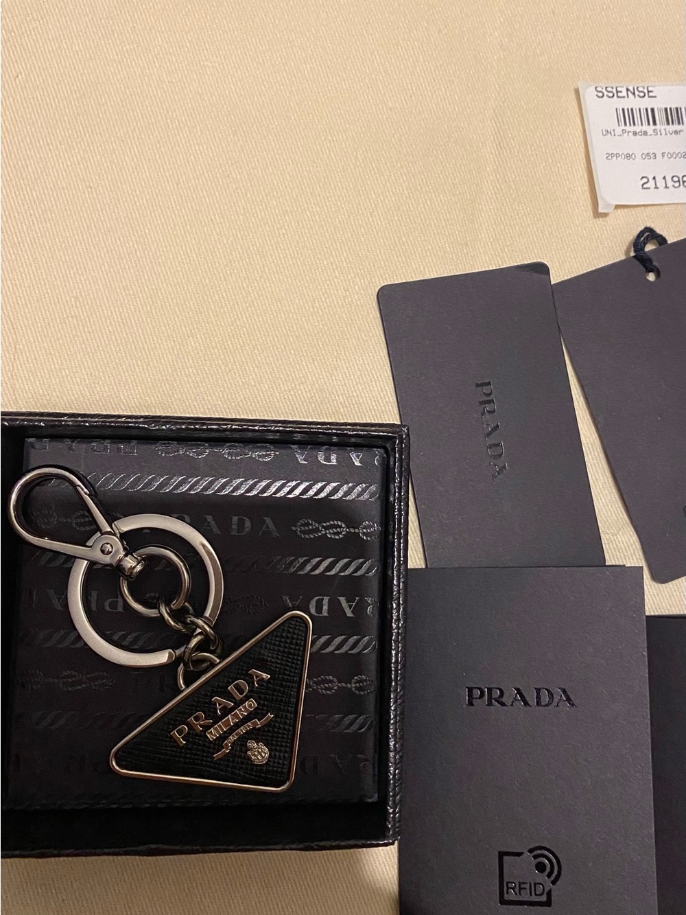 PRADA Silver & Black Saffiano Triangle Keychain